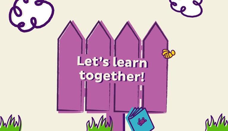Colorful illustration of a purple fence and text that says "Let's learn together".