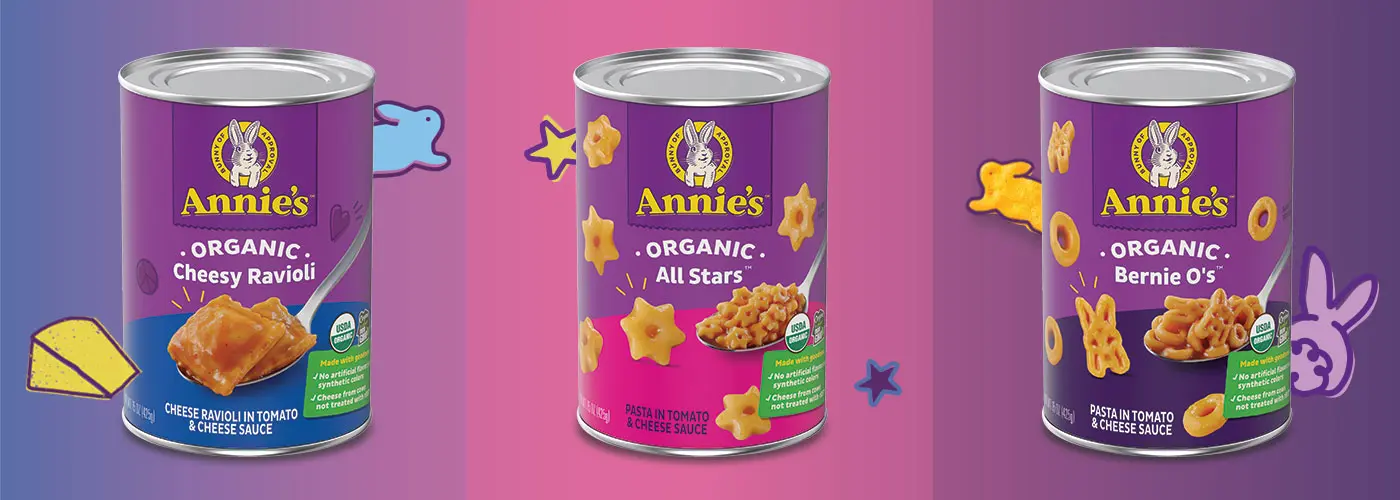 Single cans of Annie's Organic Cheesy Ravioli, Annie's Organic All Stars and Annie's Organic Bernie O's Pasta In Tomato And Cheese Sauce.
