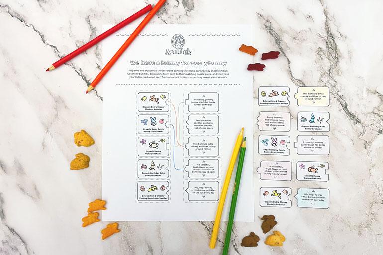 Annie's Activity worksheet "A bunny for everybunny" matching game with single Bunny Grahams, fruit snacks and colored pencils.
