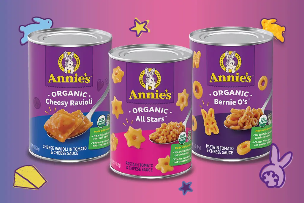 Single cans of Annie's Organic Cheesy Ravioli, Annie's Organic All Stars and Annie's Organic Bernie O's Pasta In Tomato And Cheese Sauce.