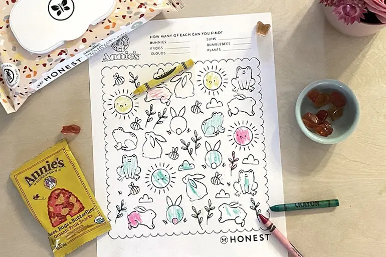 Annie's "How many of each can you find' coloring activity sheet with a box of Honest wipes and a single bag of Annies "Bees, Bugs & Butterflies" Fruit Snacks.
