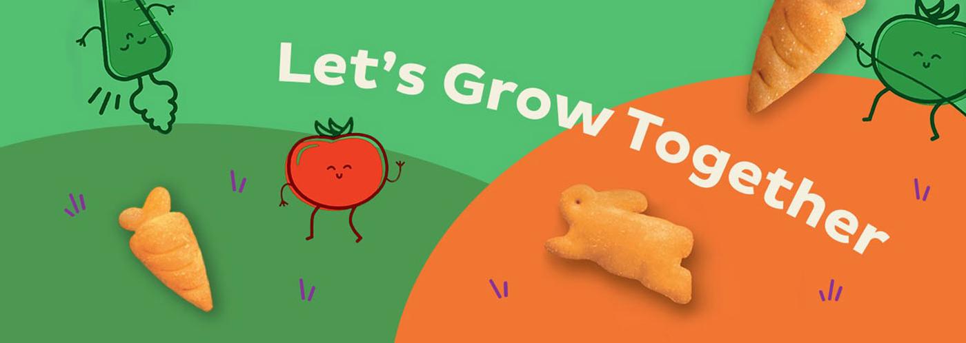 Illustration of veggies with arms and legs on a hill with a couple Annie's Cheddar Crackers and text that says, "Let's grow together".