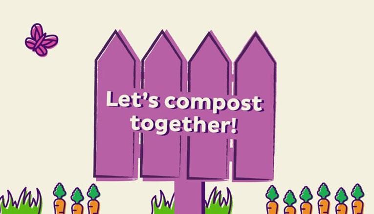 Colorful illustration of a purple fence and text that says "Let's compost together".