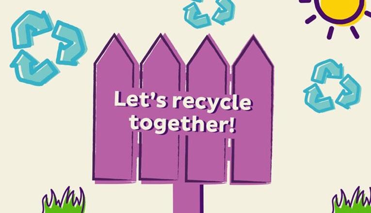 Colorful illustration of a purple fence and text that says "Let's recycle together".