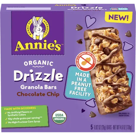 Annie's Organic Drizzle Granola Bars, Chocolate Chip, 5 count, made in a peanut free facility, front of package.