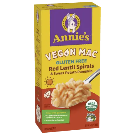 Annie's Vegan Mac, Gluten Free Red Lentil Spirals And Sweet Potato Pumpkin, organic, front of box.