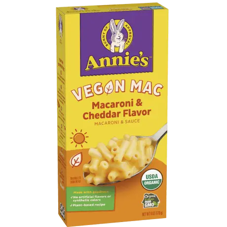 Annie's Vegan Mac, Macaroni And Cheddar Flavor, organic, front of package.