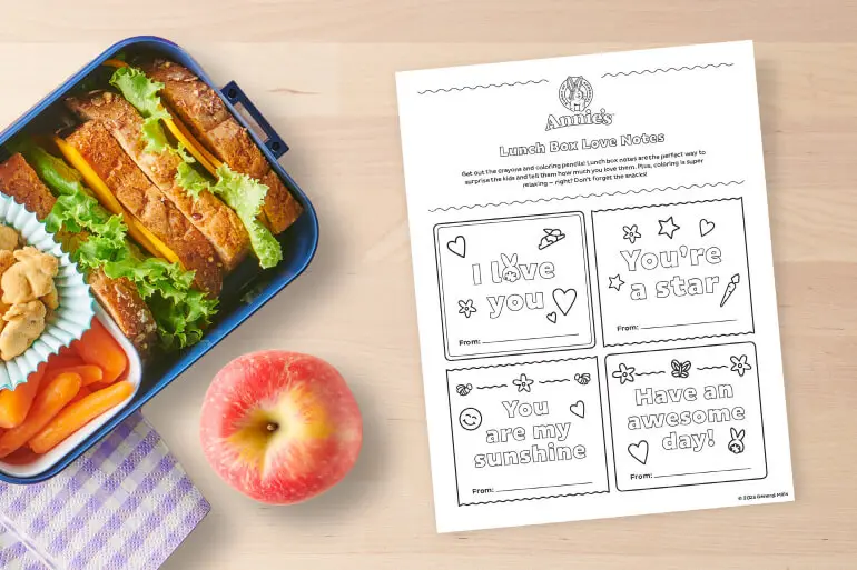Annie's "Lunch Box Love Notes" activity sheet with a lunchbox with a sandwich, Bunny Grahams, carrots and an apple.