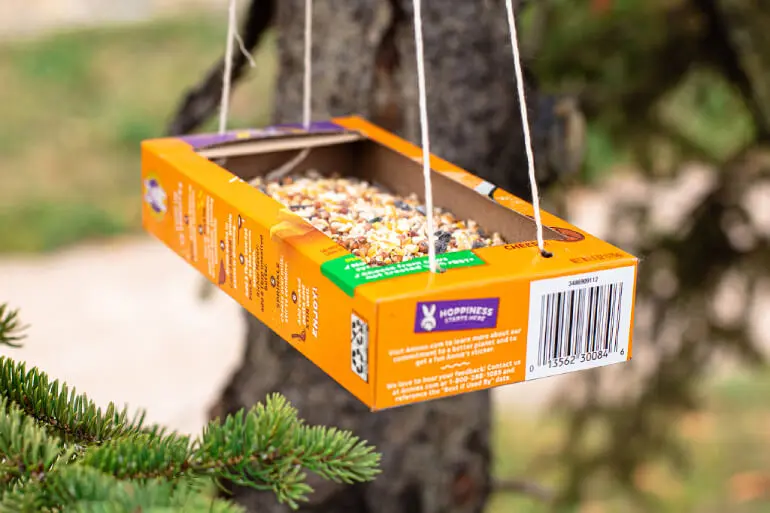 An empty Annie's box with strings attached and bird food in the box hanging from a tree.