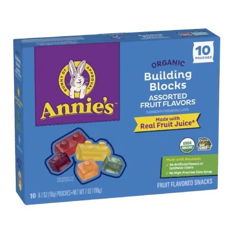 Annie's Organic Building Blocks fruit snacks, Assorted Fruit Flavors, Value Pack, 10 pouches, made with real fruit juice, front of package.