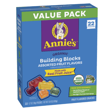 Annie's Organic Building Blocks fruit snacks, Assorted Fruit Flavors, Value Pack, 22 pouches, made with real fruit juice, front of package.