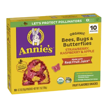Annie's Organic Bees, Bugs And Butterflies Strawberry, Raspberry And Apple fruit snacks, ten pouches, front of box.