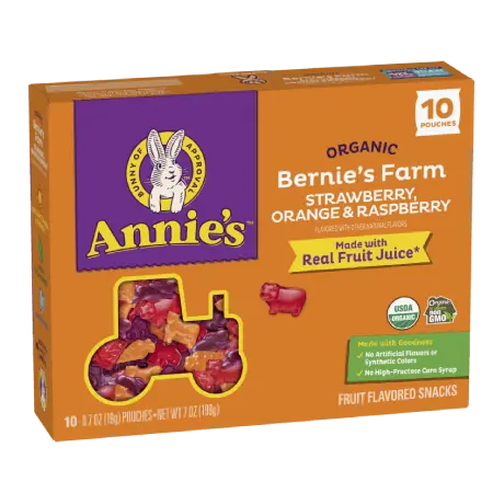 Annie's Organic Bernie's Farm Strawberry, Orange And Raspberry fruit snacks, ten pouches, front of box.