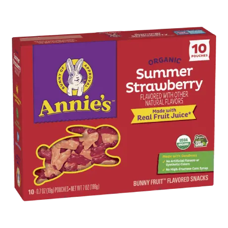 Annie's Organic Summer Strawberry fruit snacks, ten pouches, front of box.