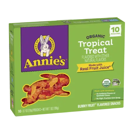 Annie's Organic Tropical Treat fruit snacks, ten pouches, front of box.