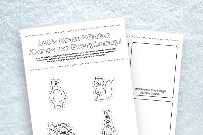 A black and white Annie's Activity sheet coloring page titled "Let's Draw Winter Homes For Everybunny!" with a cartoon bear and animals to cut out