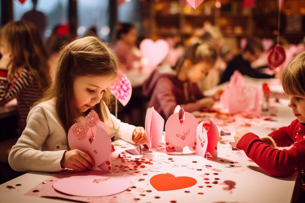 Kids happily creating Valentine's Day crafts.