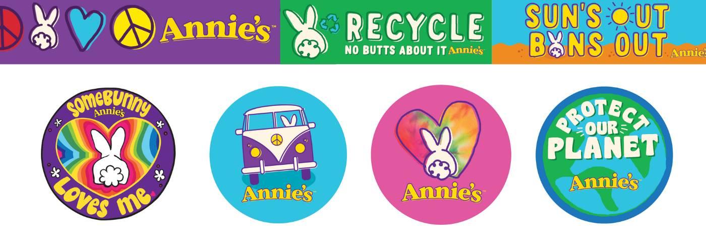 A collection of Annie's stickers that are round and rectangle on a white background.