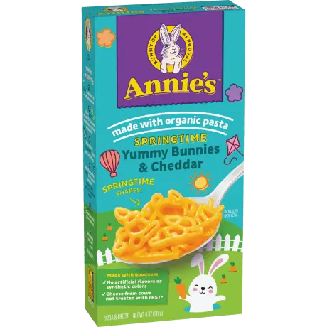 Annie's Organic Springtime Yummy Bunnies & Cheddar Mac & Cheese, front of pack, 170g