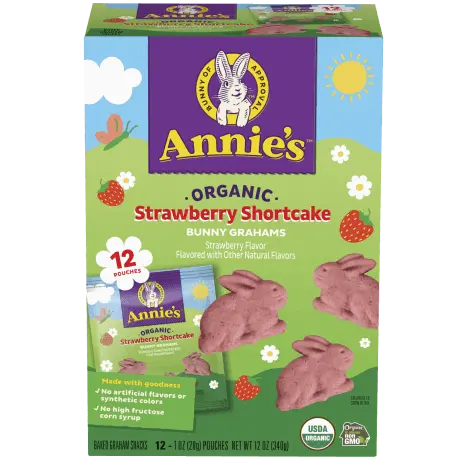Annie's Organic Strawberry Shortcake Bunny Grahams, front of product, 12 pouches