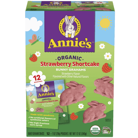 Annie's Organic Strawberry Shortcake Bunny Grahams, front of product, 12 pouches