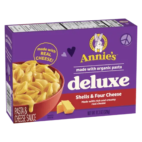 Annie's Deluxe Rich And Creamy Shells And Four Cheese, real cheese sauce, front of box.