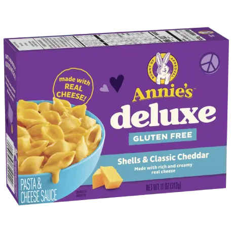 Annie's Gluten Free Deluxe Rich And Creamy Shells And Classic Cheddar, real cheese sauce, 306g, front of box.