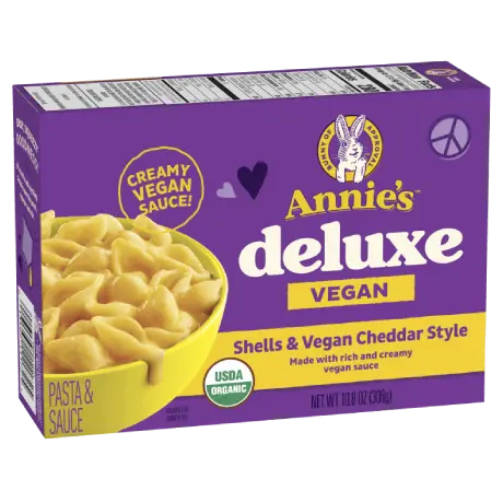Annie's Vegan Mac Deluxe Rich And Creamy Shells And Vegan Cheddar Pasta And Sauce, organic, 306g, front of box.