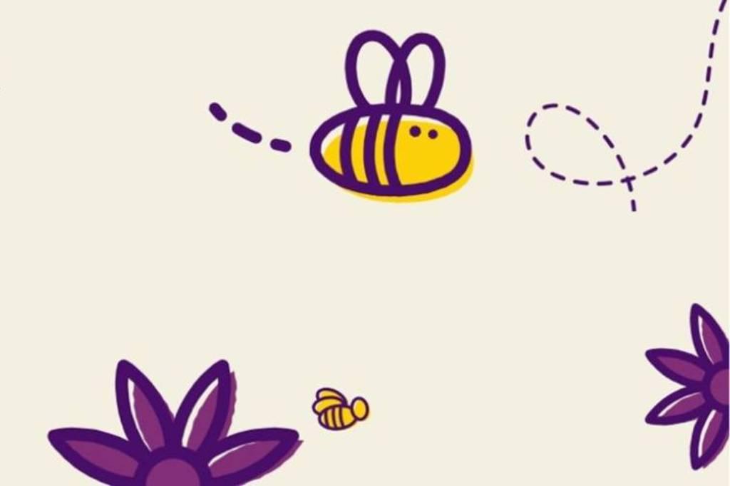 A white background showcases a yellow bee's and purple flowers pattern.
