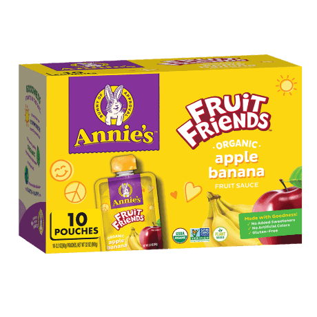 Annie's Fruit Friends Organic Apple Banana Fruit Sauce, 10 pouches, front of box.