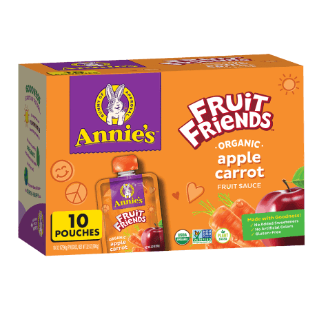 Annie's Fruit Friends Organic Apple Carrot Fruit Sauce, 10 pouches, front of box.