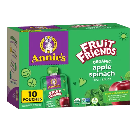 Annie's Fruit Friends Organic Apple Spinach Fruit Sauce, 10 pouches, front of box.
