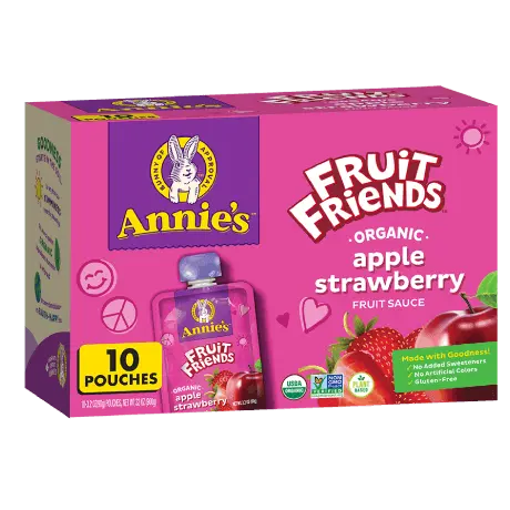Annie's Fruit Friends Organic Apple Strawberry Fruit Sauce, 10 pouches, front of box.