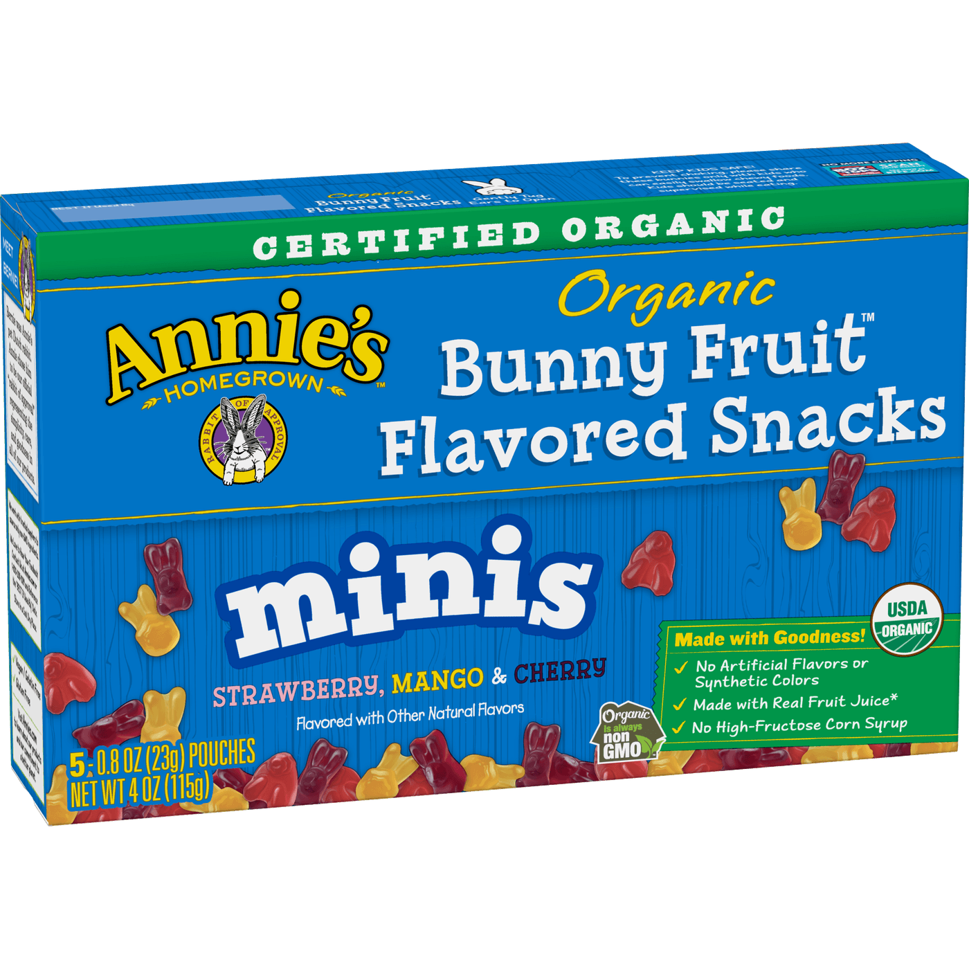 Annie's Organic Mini Bunny Fruit Flavored Snacks, Strawberry, Mango & Cherry, Gluten Free, 5 Pouches, front of package