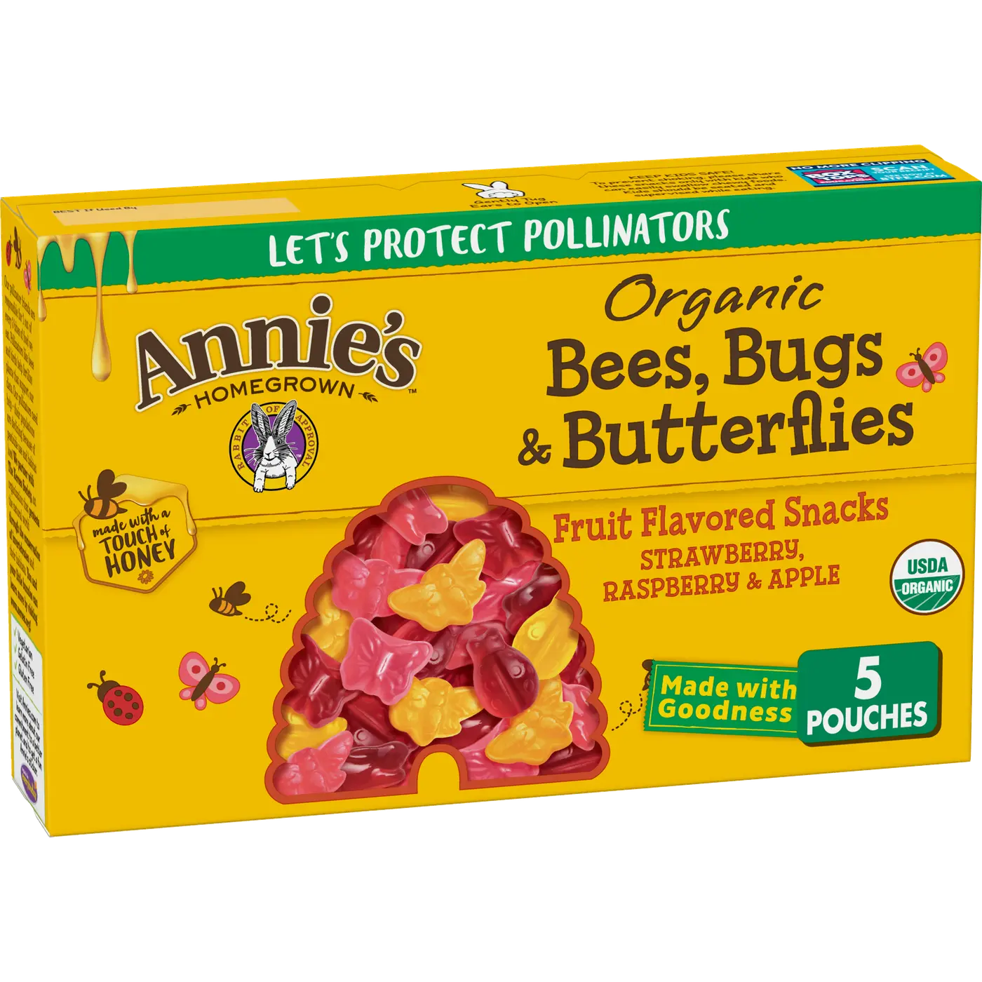 Annie's Organic Bees, Bugs, and Butterflies Fruit Snacks, 5 Pouches, 4 oz., front of package