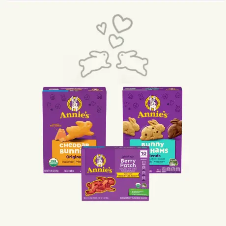 Family shot of Annie's Cheddar Bunnies, Bunny Grahams, and Berry Patch snacks.
