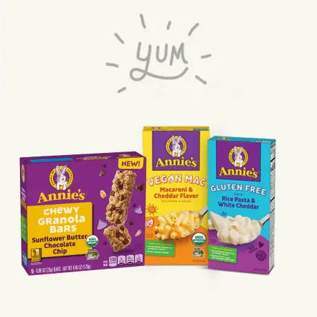 Family shot of Annie's Chewy Granola Bars, Vegan Mac, and Gluten-Free Mac and Cheese.